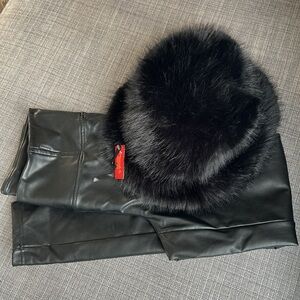 Winter Fashion Set: Cozy Winter Hat & Laundry Black Faux Leather Pants (Size S)